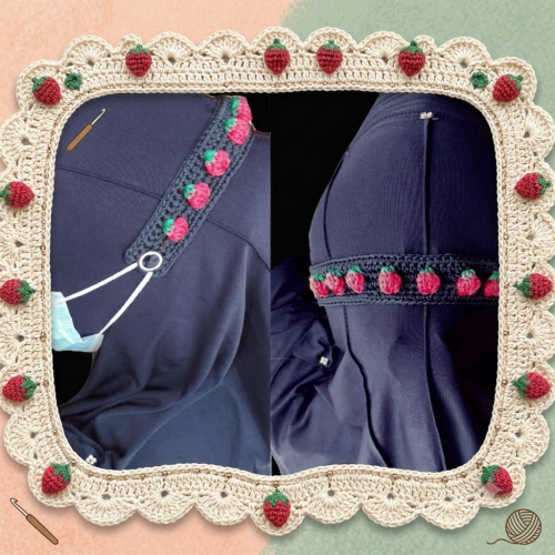 konektor masker rajut motif stroberi